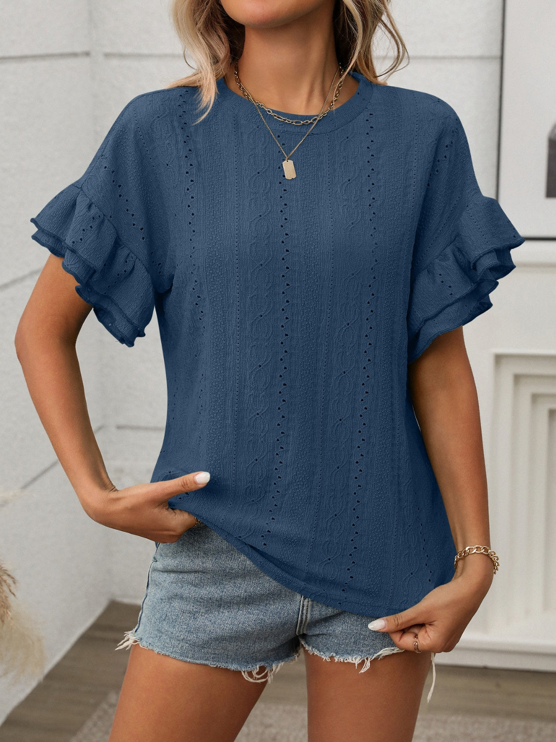 Eyelet Round Neck Flounce Sleeve Top