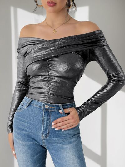 Perfee Ruched Off-Shoulder Long Sleeve Bodysuit - felvior