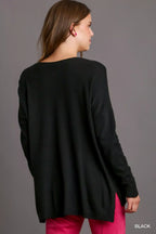 Umgee V-Neck High Low Hem Knit Top with Side Slit