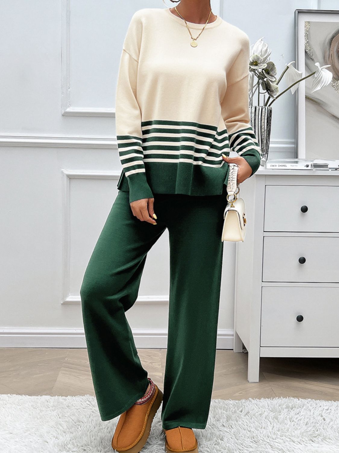Devine Slit Striped Round Neck Top and Pants Sweater Set - felvior