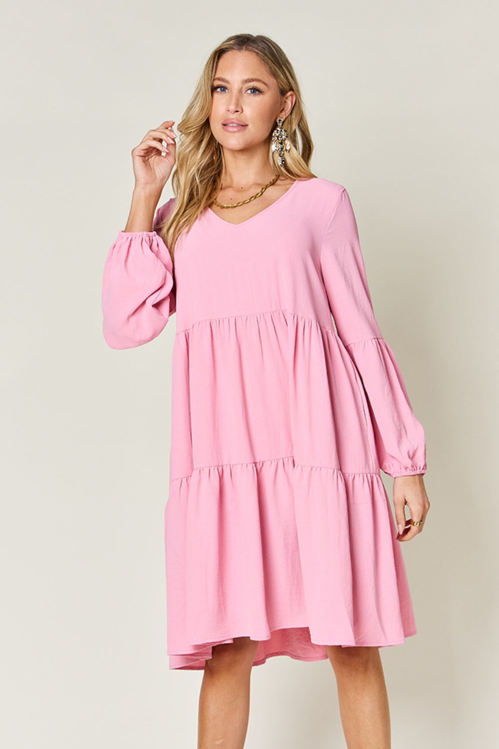 Double Take Full Size V-Neck Balloon Sleeve Tiered Dress with Pockets - felvior