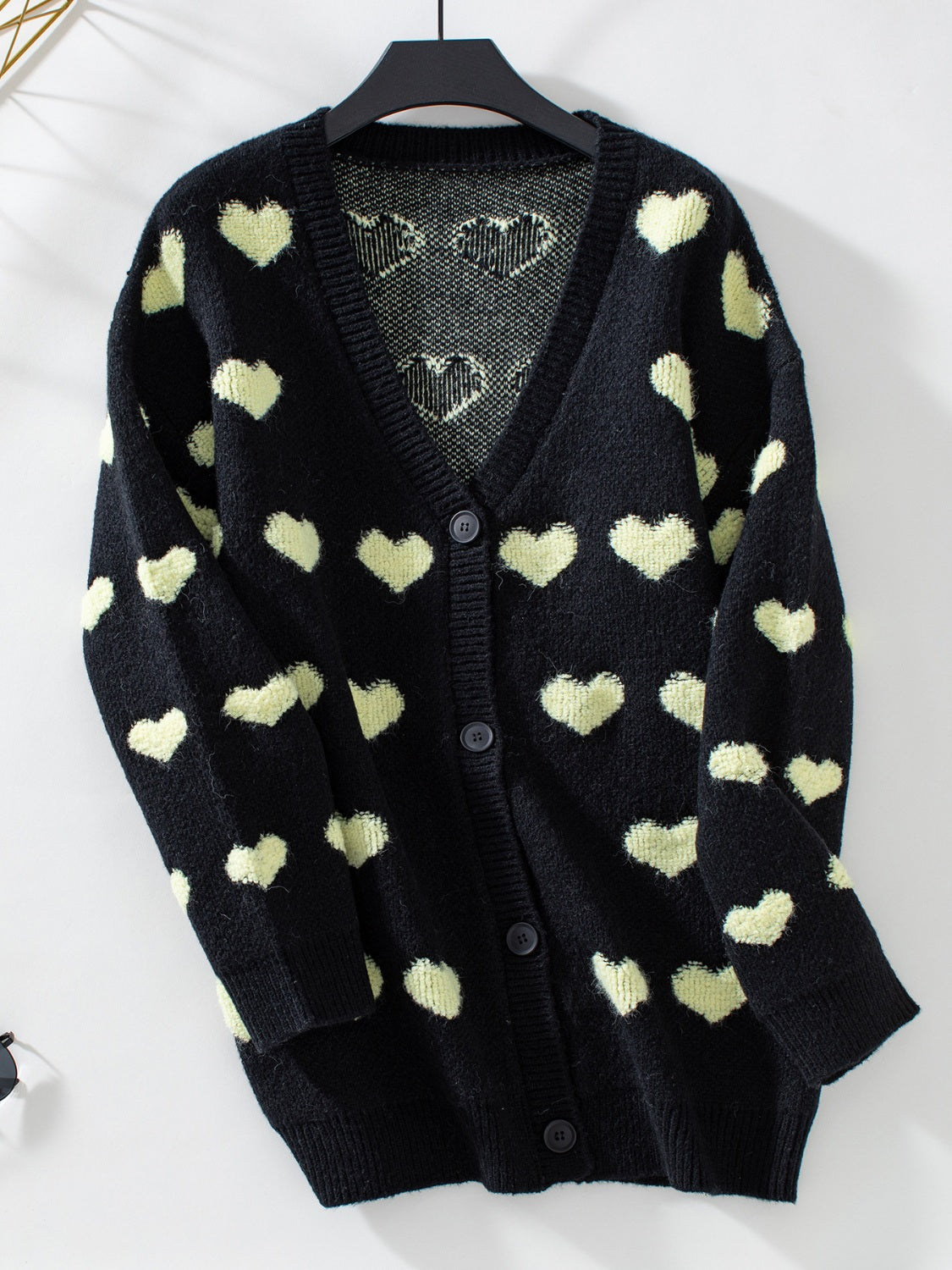 Heart V-Neck Button Up Long Sleeve Cardigan - felvior