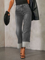 High Waisted Straight Leg Rolled Jeans