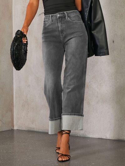 High Waisted Straight Leg Rolled Jeans