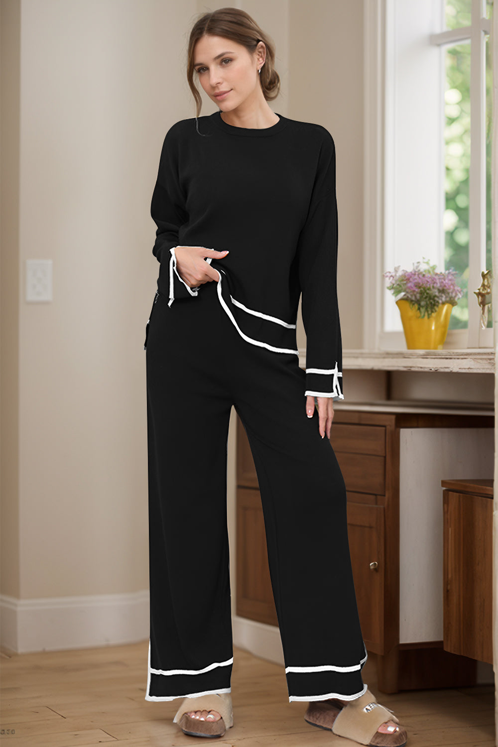 High-Low Round Neck Top and Pants Sweater Set - felvior