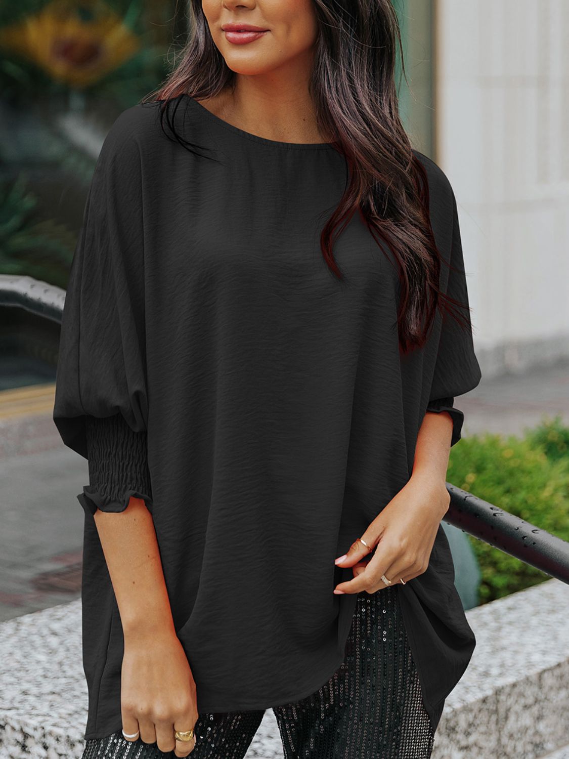 Round Neck Three-Quarter Sleeve Blouse