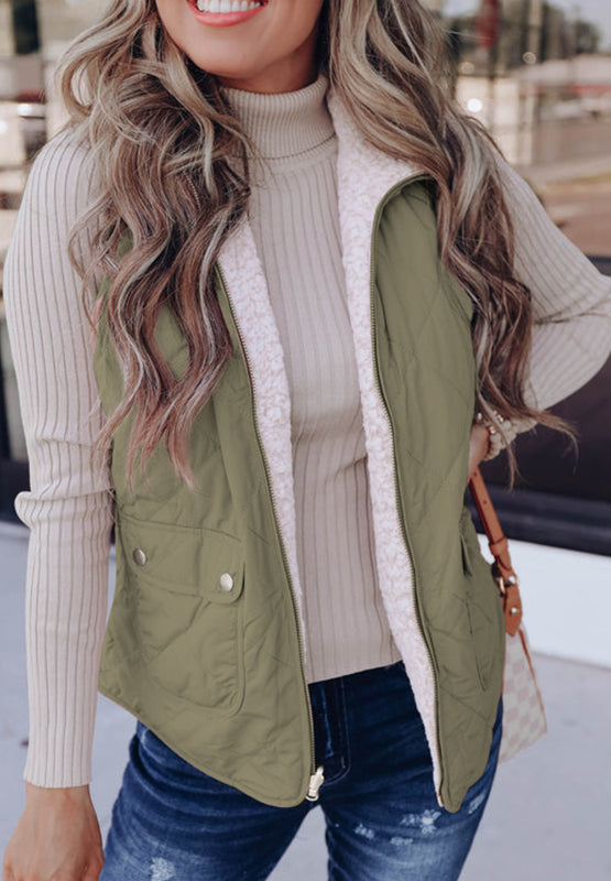 Fuzzy Zip Up Vest Coat with Pockets - felvior