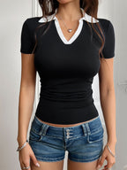 Devine Contrast Trim Johnny Collar Short Sleeve T-Shirt