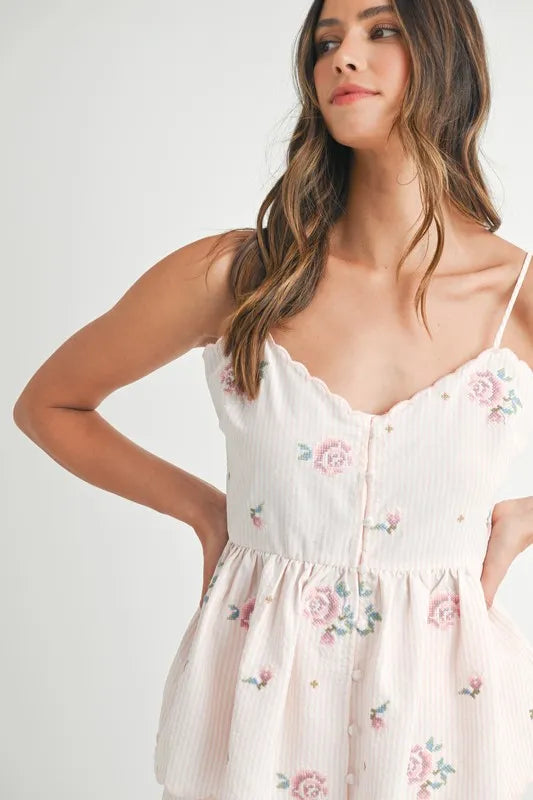 MABLE Stripe Embroidered Peplum Cami and Shorts Set - felvior