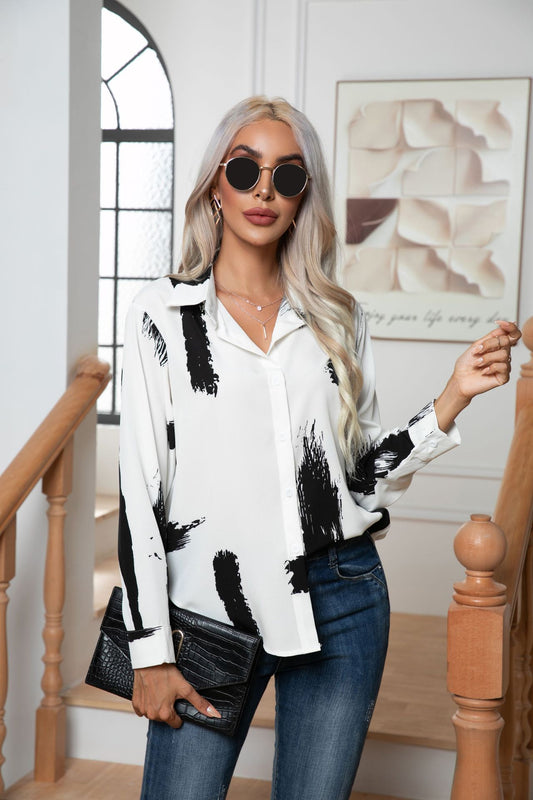 Button Down Printed Long Sleeve Shirt - felvior