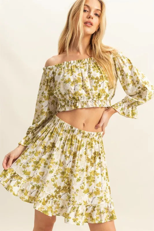 HYFVE Floral Off-Shoulder Flounce Sleeve Top and Skirt Set - felvior