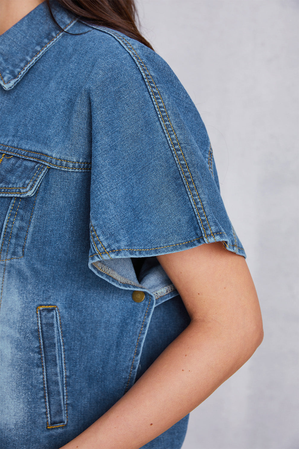 Pocketed Button Up Short Sleeve Denim Top - felvior