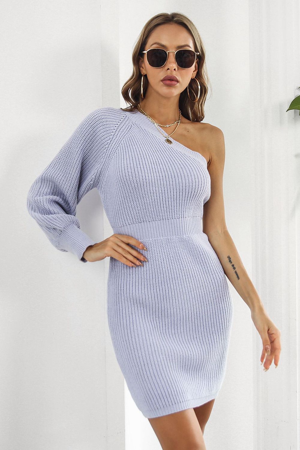 One Shoulder Raglan Sleeve Pencil Sweater Dress - felvior