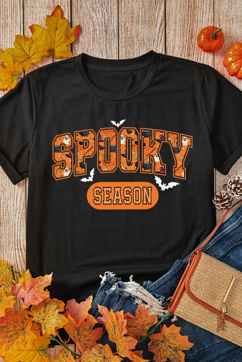 SPOOKY SEASON Round Neck Short Sleeve T-Shirt - felvior