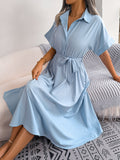 Short Sleeve Collared Tie Belt Dress - felvior
