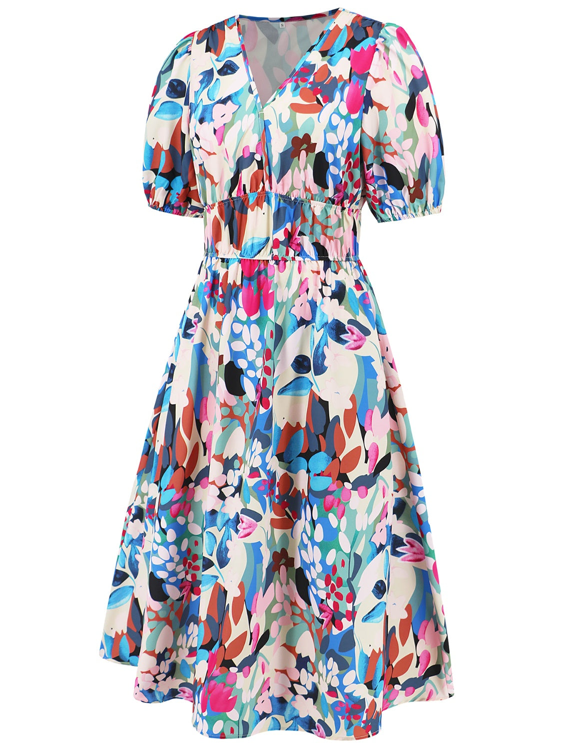 Ruched Printed Surplice Short Sleeve Dress - felvior