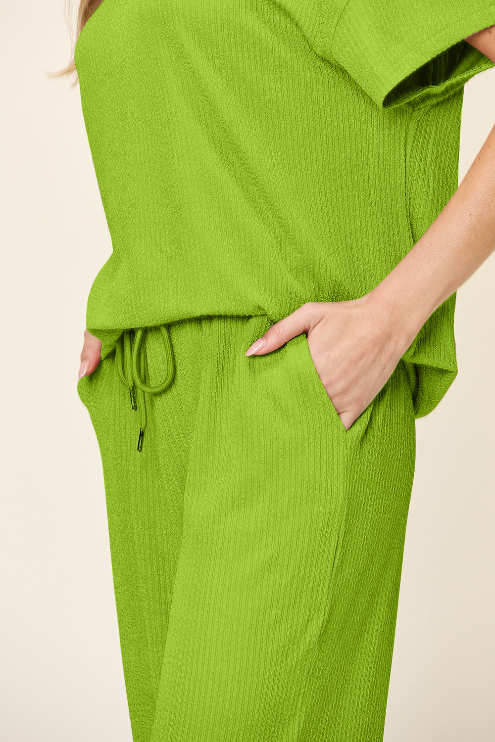 Double Take Full Size Texture Round Neck Short Sleeve T-Shirt and Wide Leg Pants - felvior