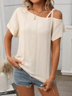 Eyelet Asymmetrical Shoulder Short Sleeve T-Shirt
