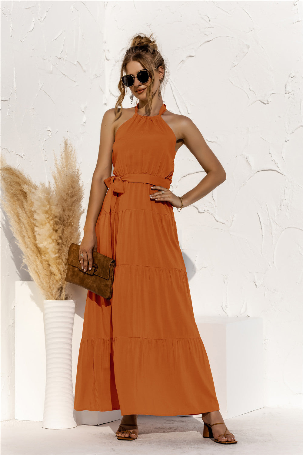 Halter Neck Tie Waist Tiered Maxi Dress - felvior