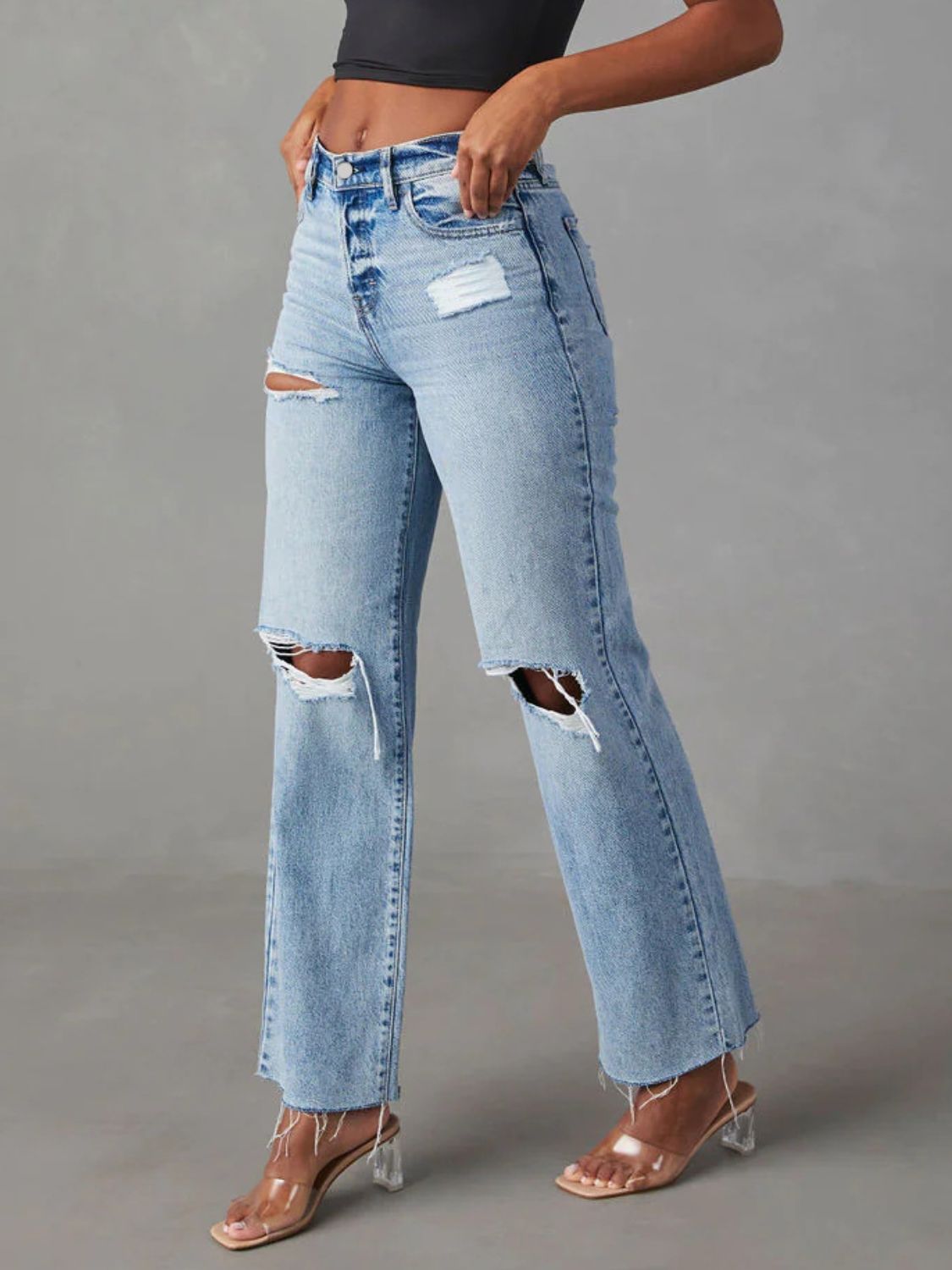 Distressed Straight Leg Jeans with Pockets - felvior