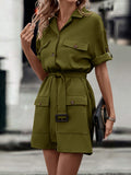 Shiny Tie Waist Collared Dress - felvior