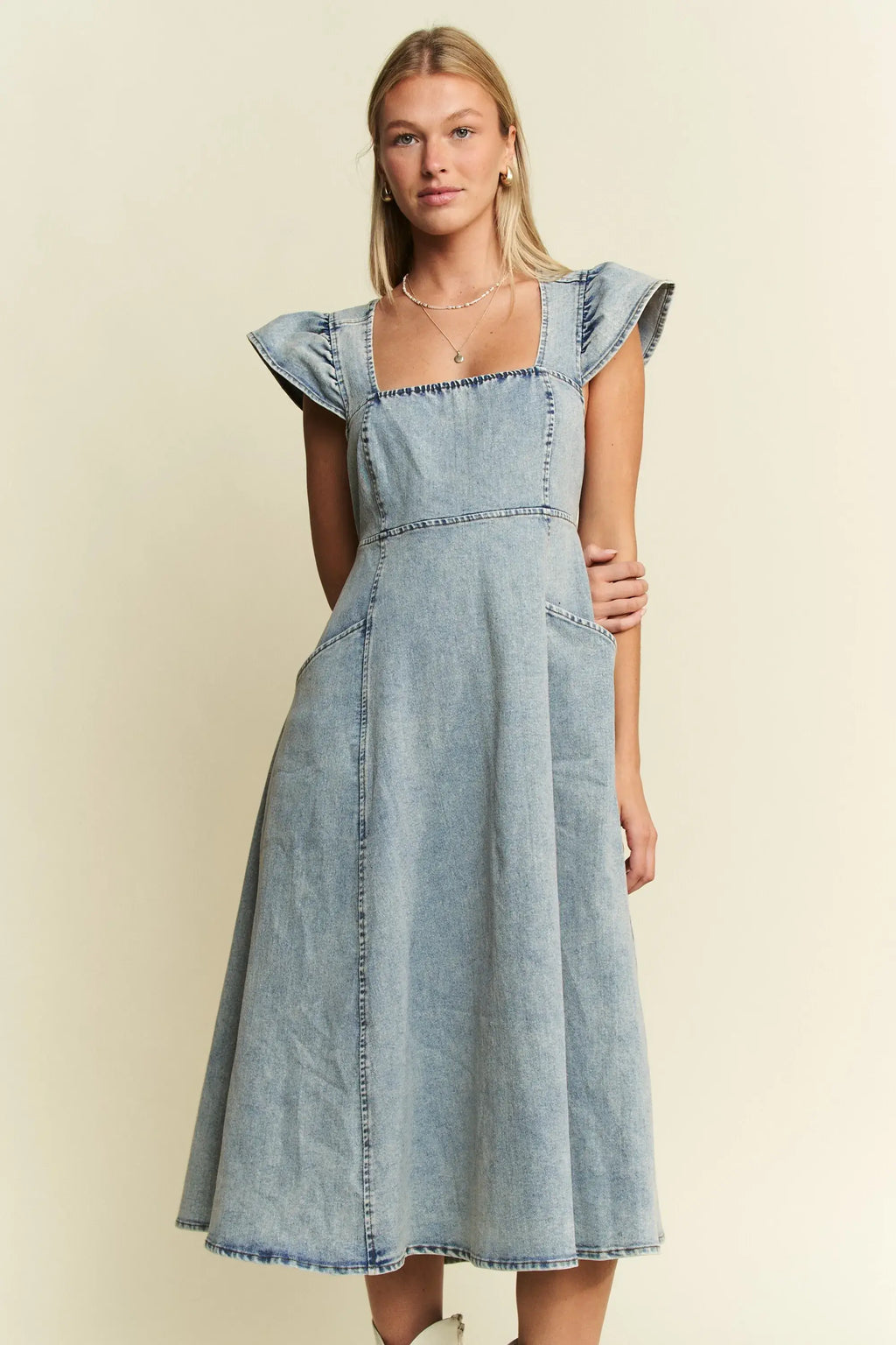 Jade By Jane Ruffled Denim Midi Dress - Plus Size Square Neck