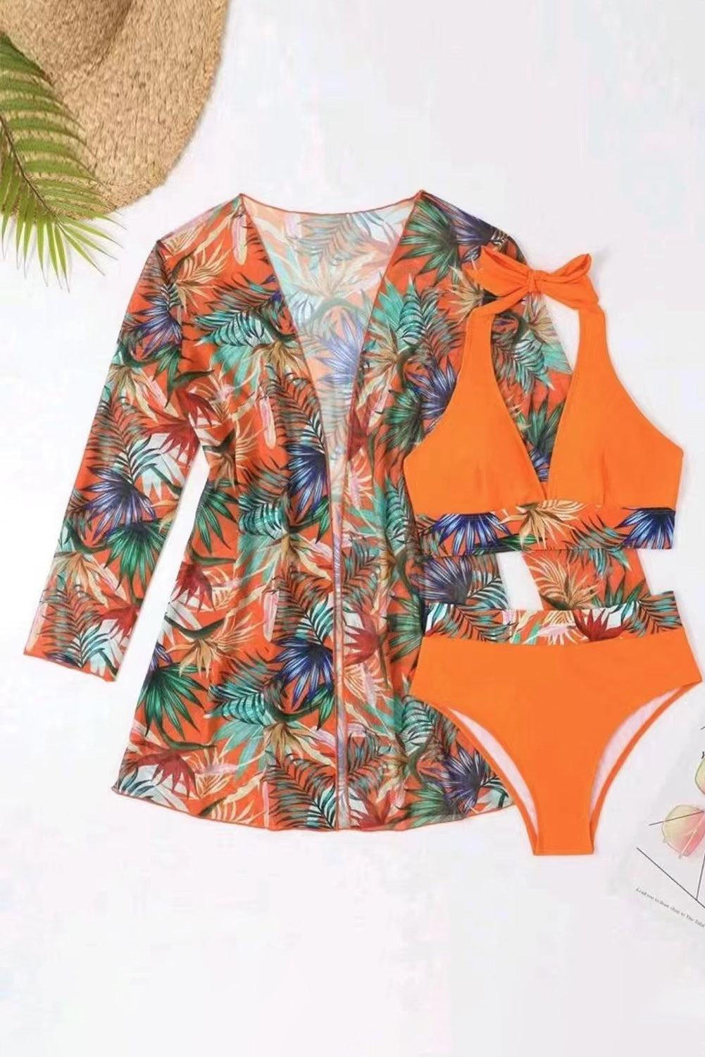 Printed Halter Neck Three-Piece Swim Set - felvior