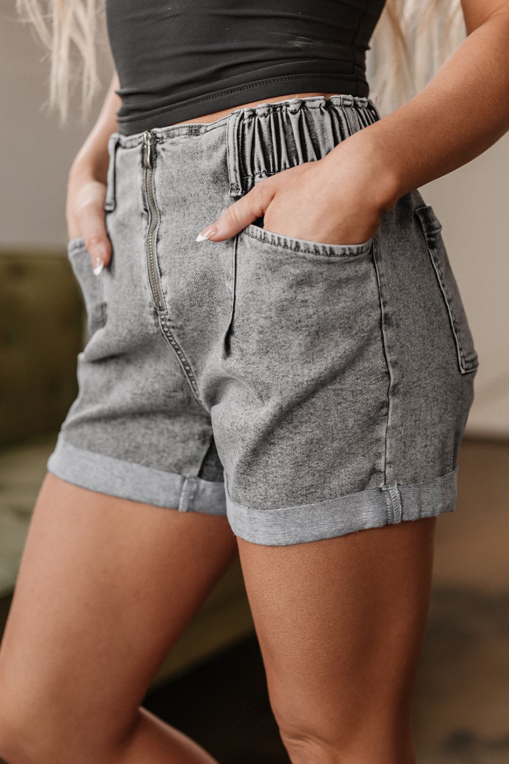 Zipped Cuffed Edge Denim Shorts - felvior