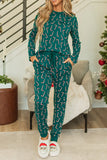 Candy Cane Print Round Neck Top and Pants Lounge Set - felvior