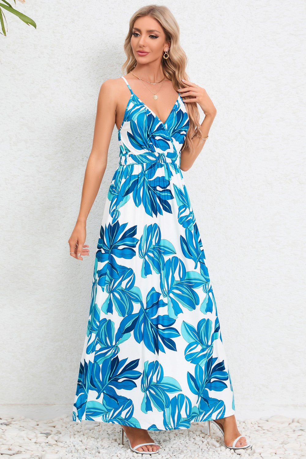 Printed Surplice Maxi Cami Dress - felvior