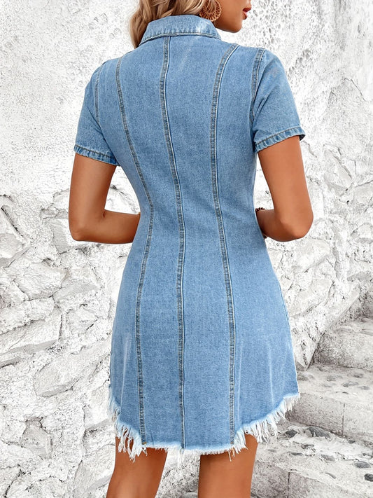 Raw Hem Button Up Short Sleeve Denim Dress - felvior
