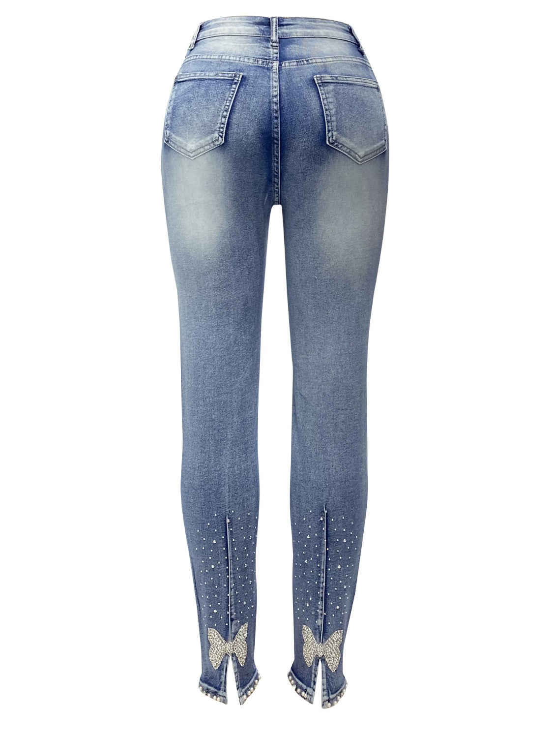Rhinestone Skinny Jeans with Pockets - felvior