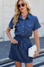 Drawstring Collared Neck Short Sleeve Denim Dress