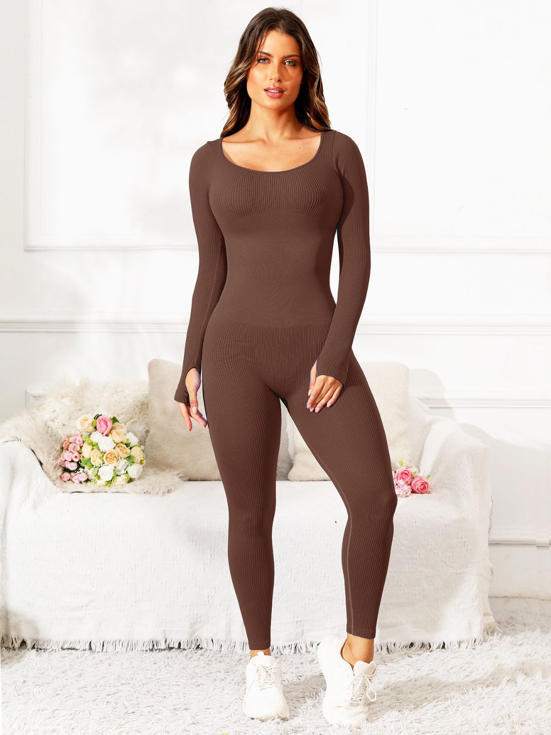 Scoop Neck Long Sleeve Active Jumpsuit - felvior