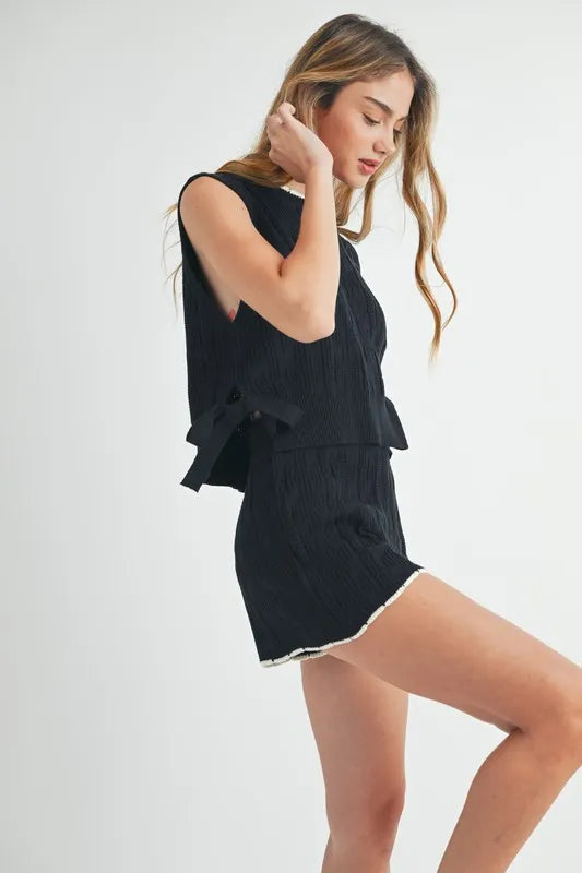 MABLE Side Tie Detail Knit Vest and Shorts Set - felvior