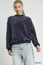 Umgee Velour Crewneck Balloon Sleeve Sweatshirt