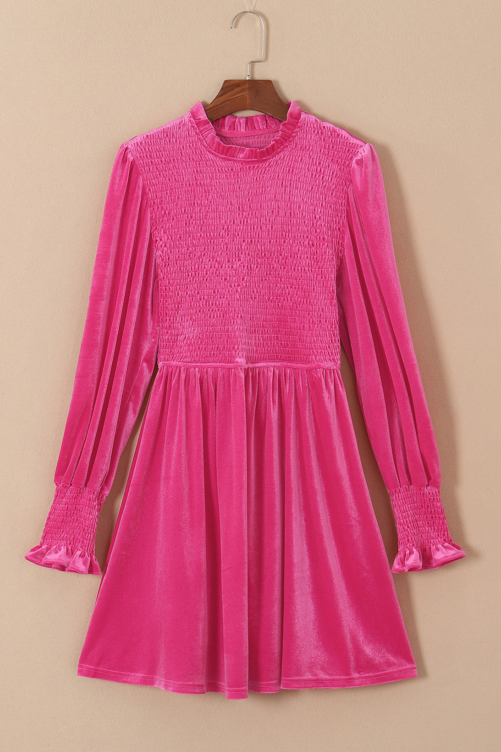Smocked Round Neck Long Sleeve Dress - felvior