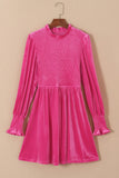 Smocked Round Neck Long Sleeve Dress - felvior