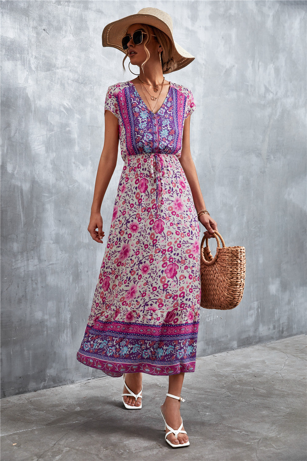 V-Neck Short Sleeve Printed Maxi Dress - felvior