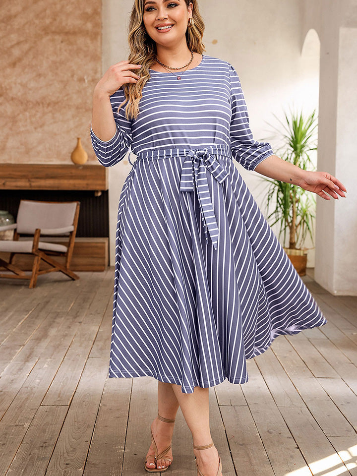 Plus Size Round Neck Striped Tie Waist Dress - felvior
