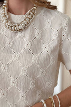 Eyelet Round Neck Short Sleeve Blouse