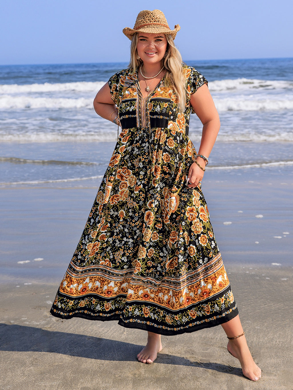 Plus Size Printed V-Neck Ruffle Cap Sleeve Maxi Dress