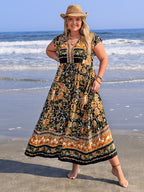 Plus Size Printed V-Neck Ruffle Cap Sleeve Maxi Dress
