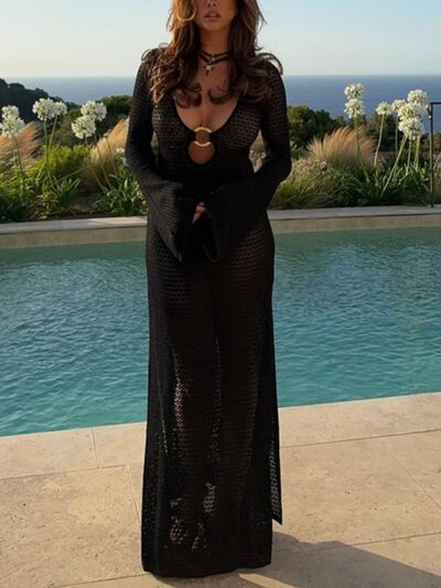 Slit Plunge Flare Sleeve Cover-Up Dress - felvior