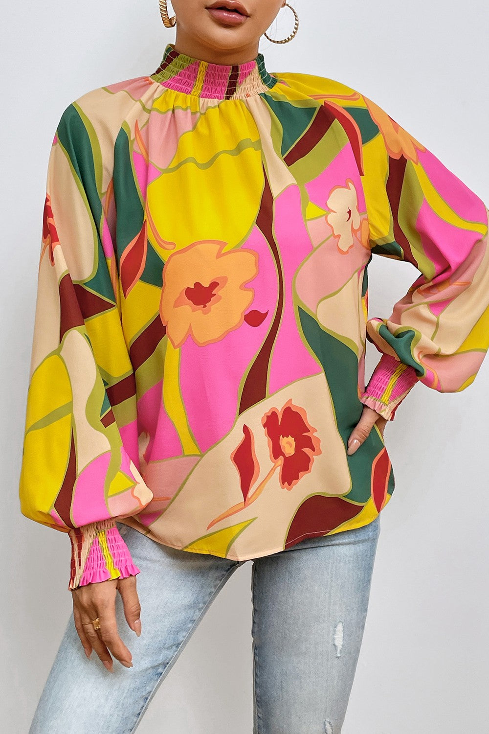 Floral Smocked Lantern Sleeve Mock Neck Blouse - felvior