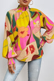 Floral Smocked Lantern Sleeve Mock Neck Blouse - felvior