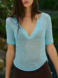 Notched Short Sleeve Knit Top - felvior