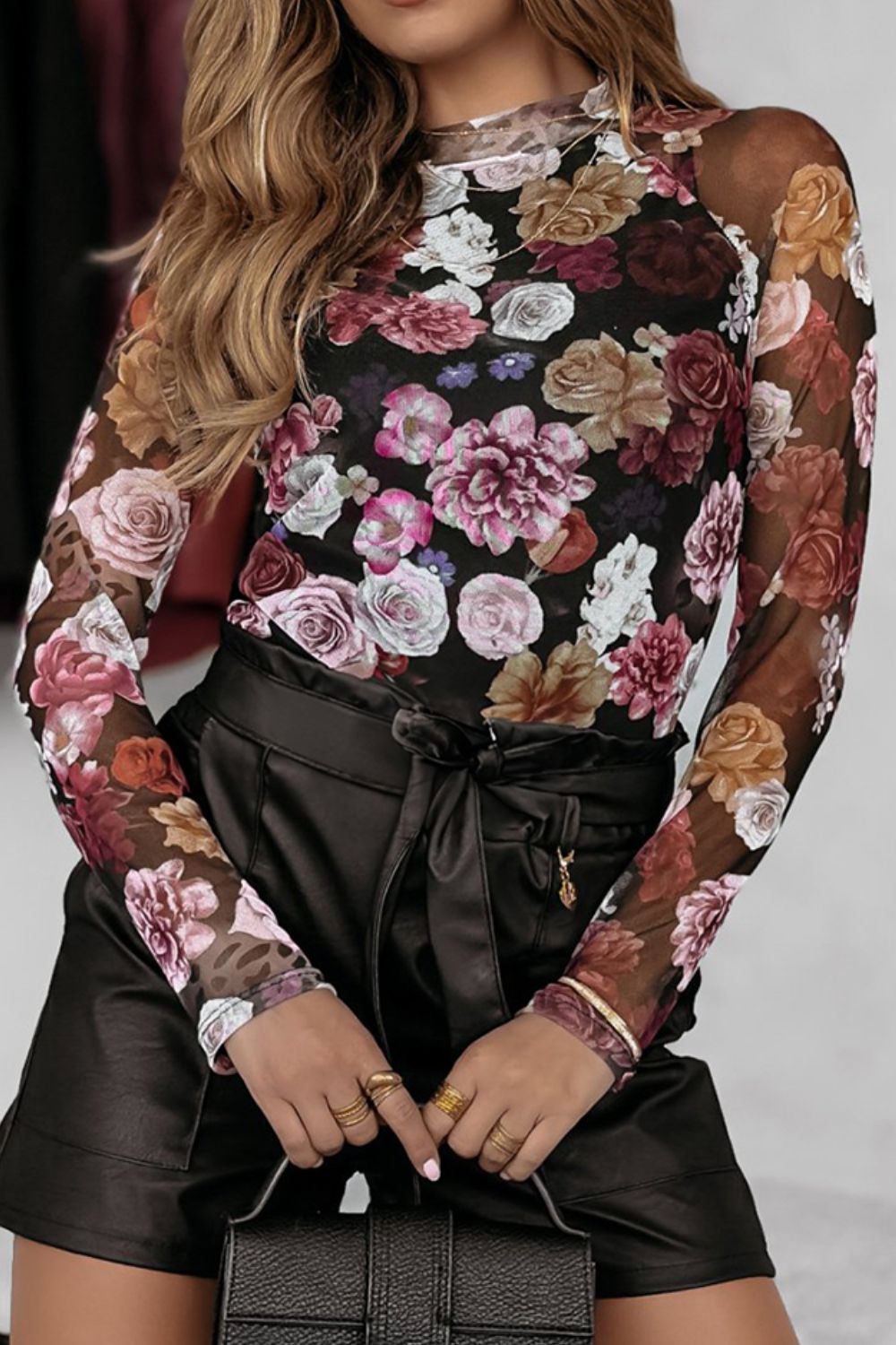 Floral Mock Neck Long Sleeve Mesh Top Secondary image
