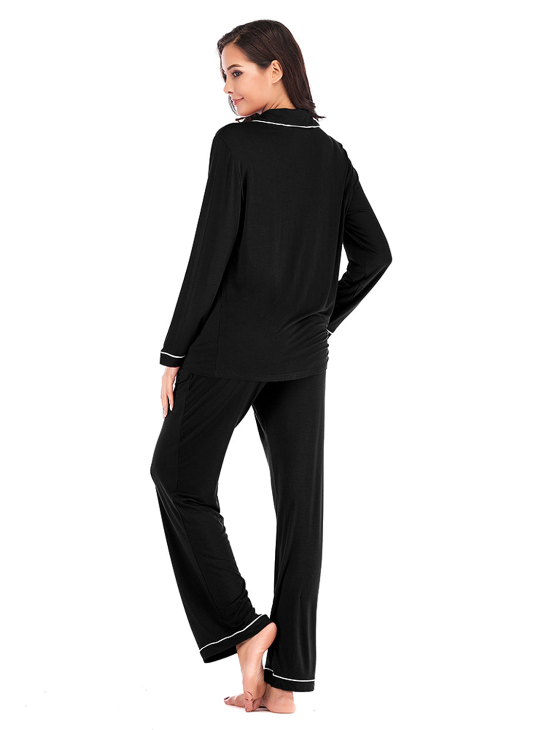 Collared Neck Long Sleeve Loungewear Set with Pockets - felvior