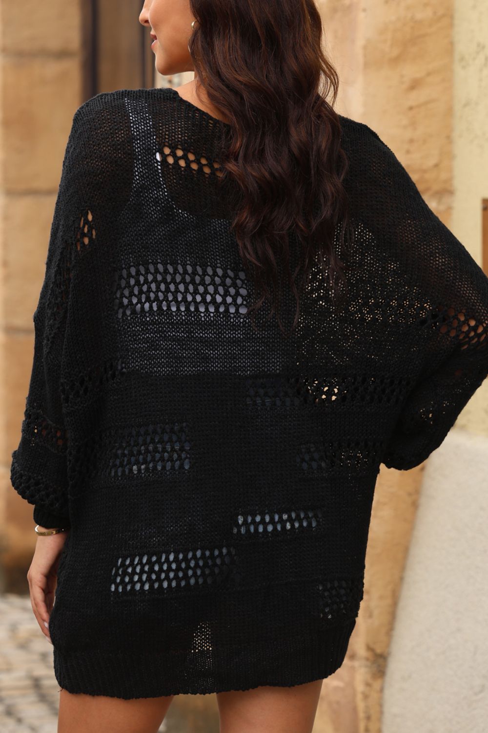 Openwork Open Front Long Sleeve Cardigan - felvior